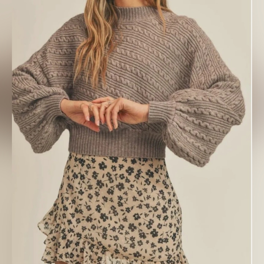 Sage Along The Vines Cable Knit Balloon Sleeve Sweater In Taupe